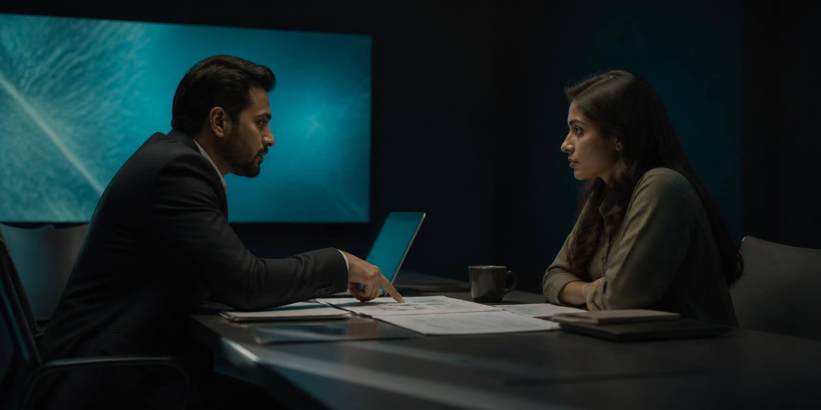 A consultant and a brand owner reviewing franchise documents across a table in a dark meeting room
