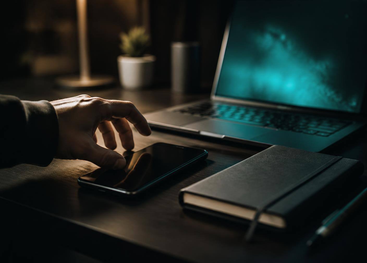 A hand reaching for a phone beside a notebook and a laptop glowing teal on a dark desk