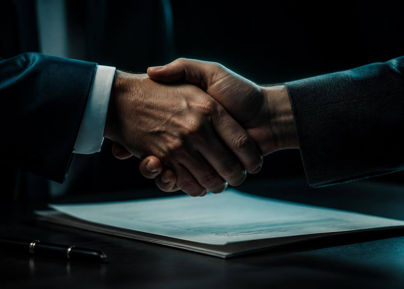 Close-up of a handshake over a signed franchise agreement on a dark desk