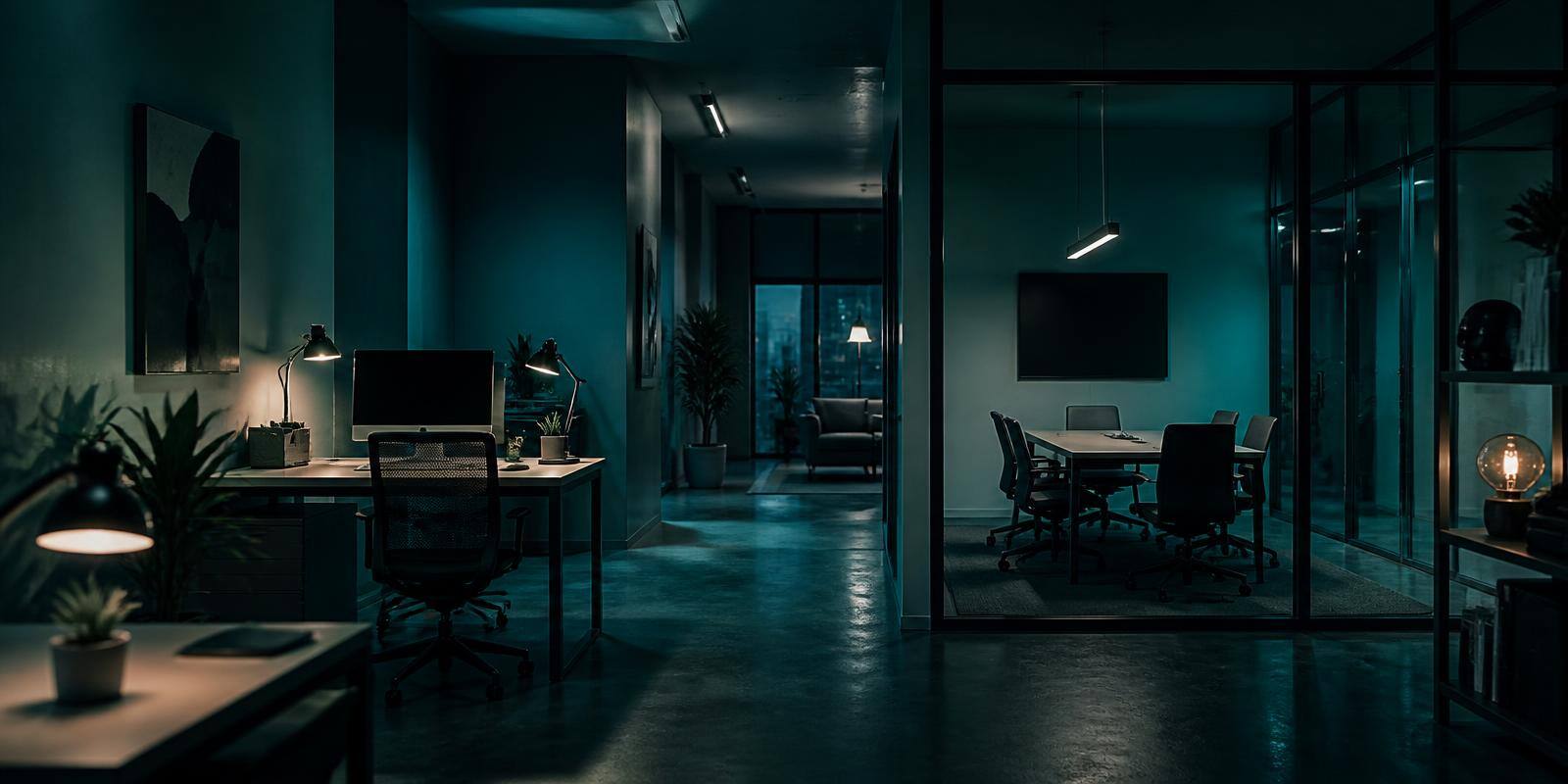 A small modern office suite lit in the evening with desks and a glass meeting room, ready to open