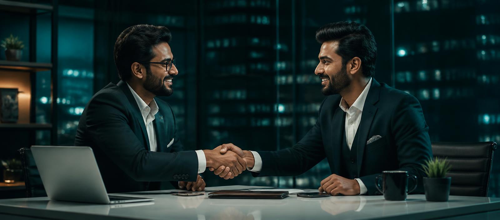 Two business partners shaking hands in a modern Indian office, representing the franchise partnerships we build